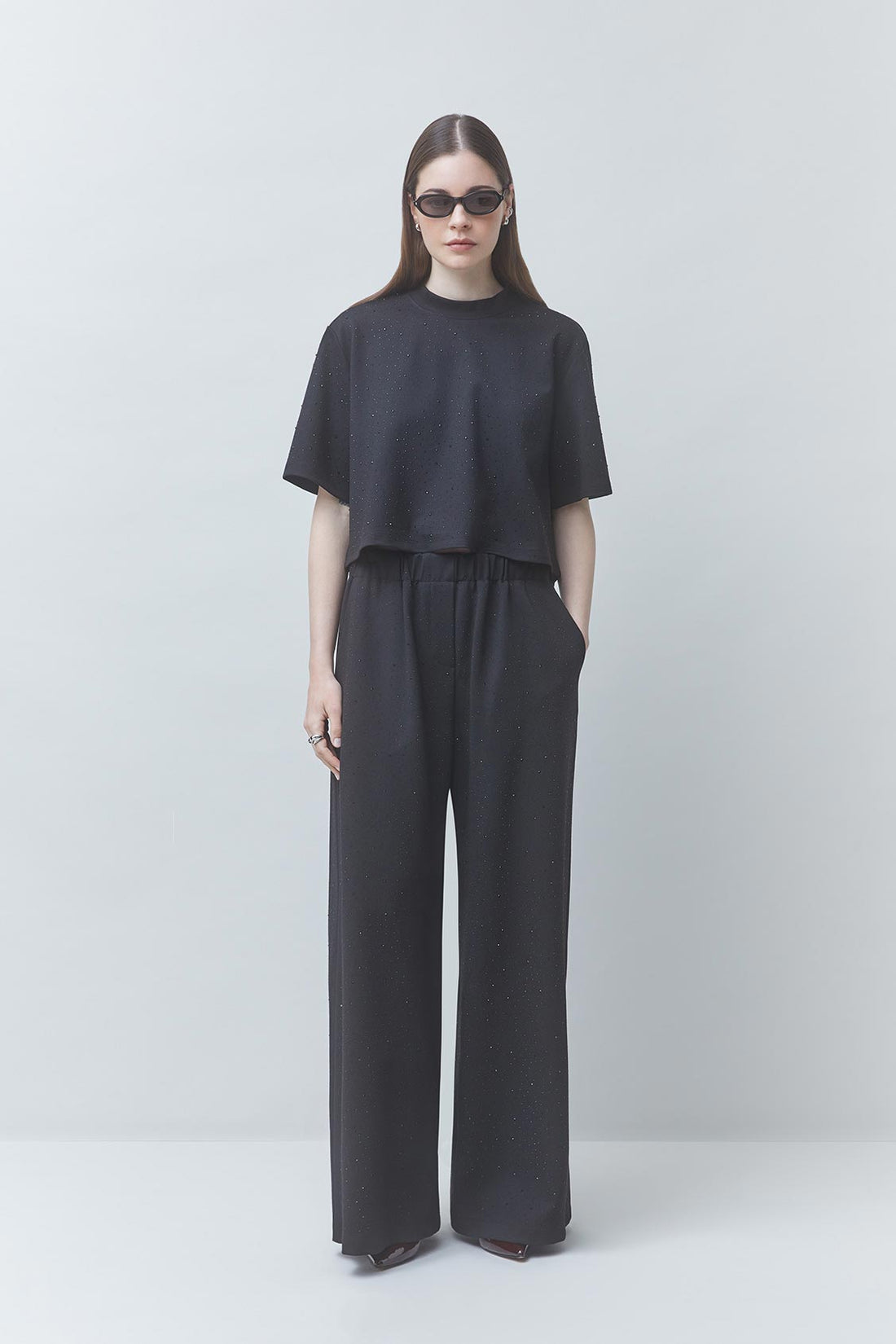 Jukebox Wide-leg pants with black rhinestone details