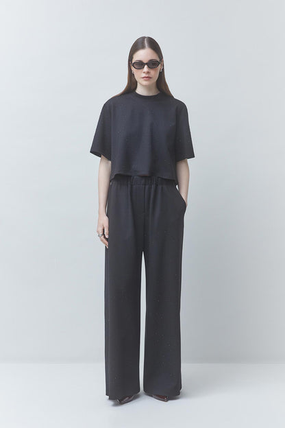Jukebox Wide-leg pants with black rhinestone details