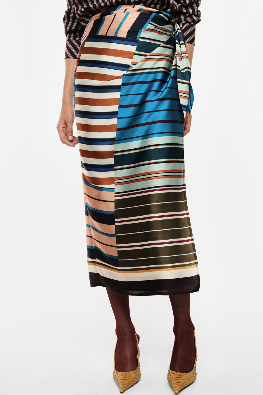 Multicolored striped long skirt with side knot