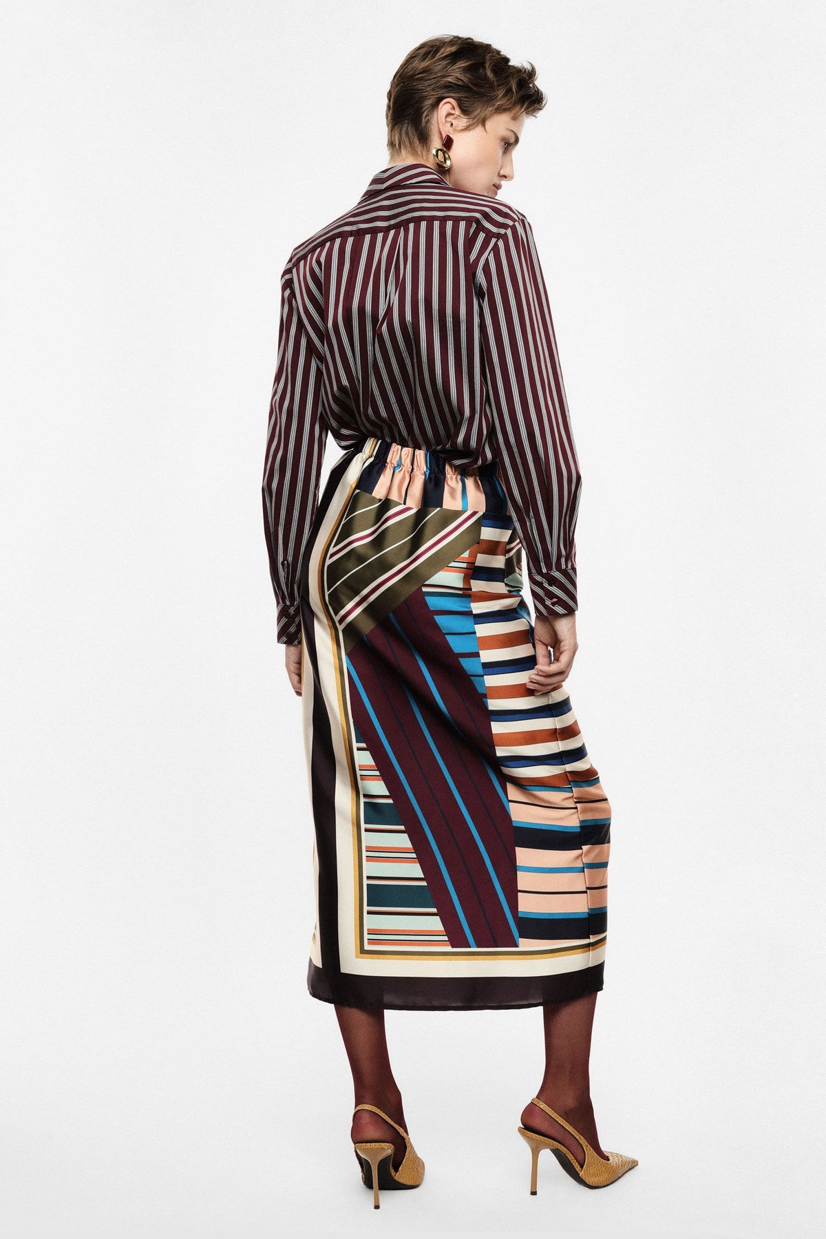 Multicolored striped long skirt with side knot