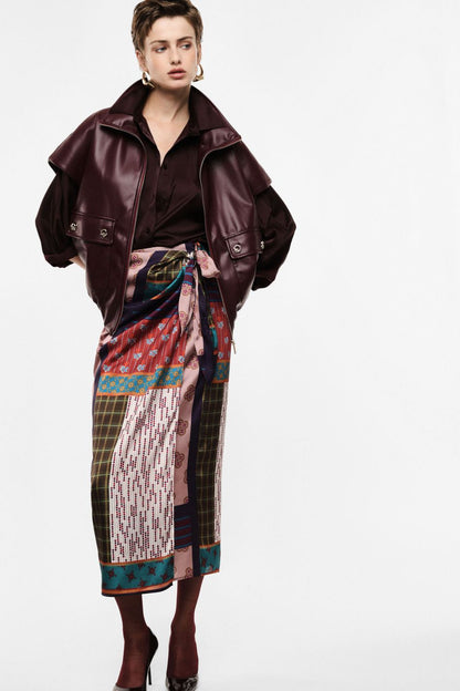 Long patchwork print wrap skirt