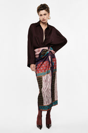 Long patchwork print wrap skirt