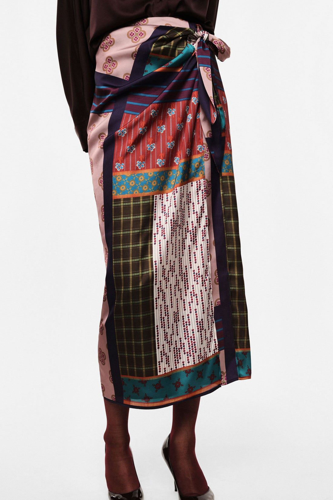 Long patchwork print wrap skirt