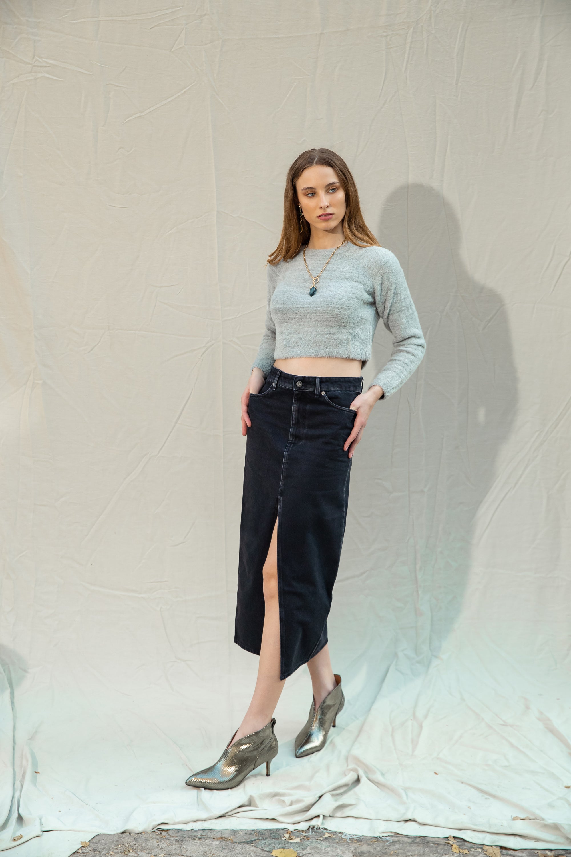 Solotre Denim Slit Skirt