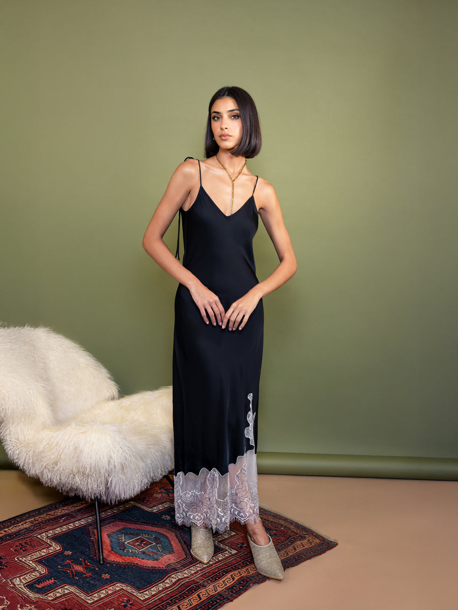 Black Satin and Lace Slip Dress