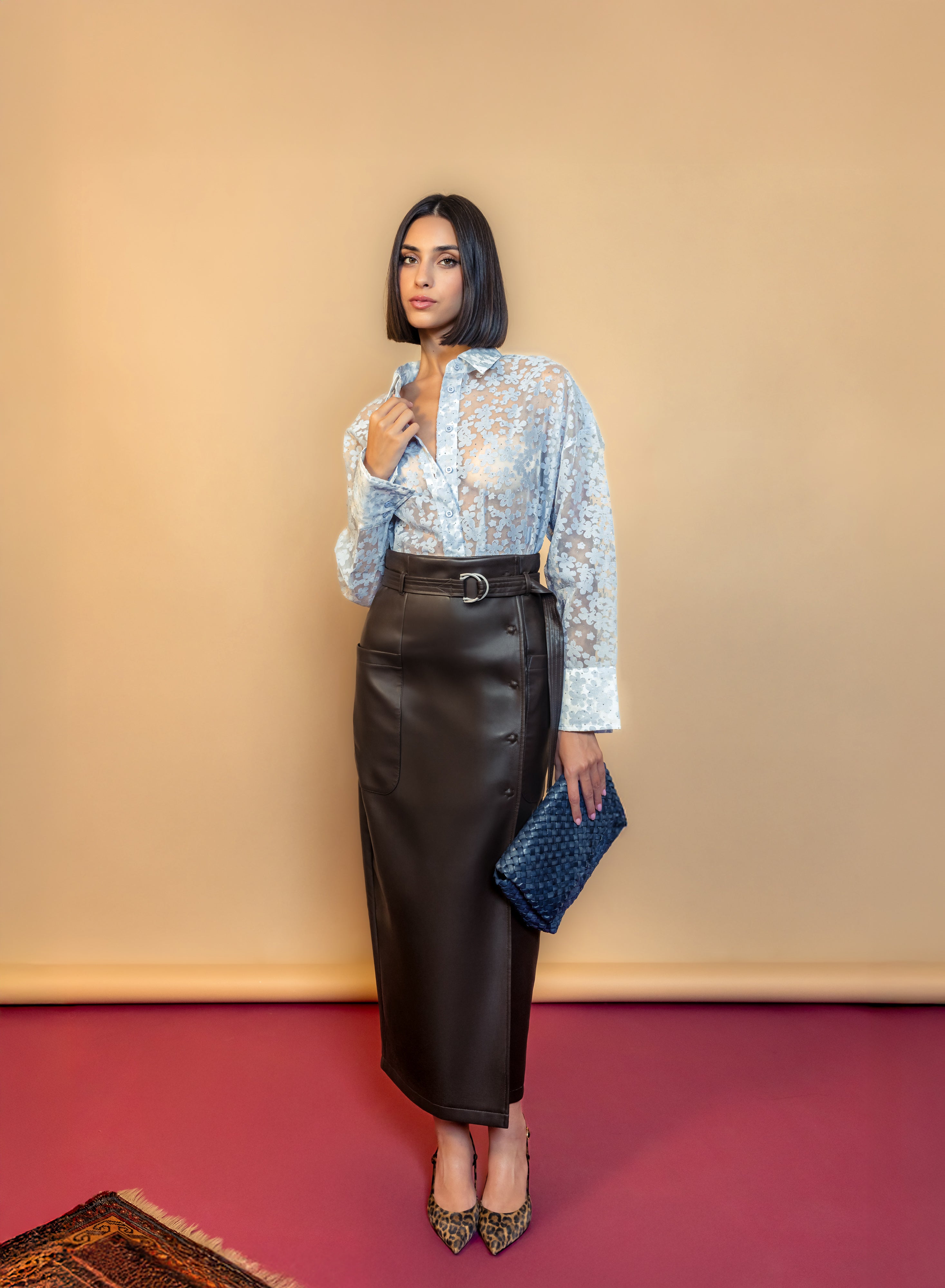 Faux Leather Pencil Skirt with Belt