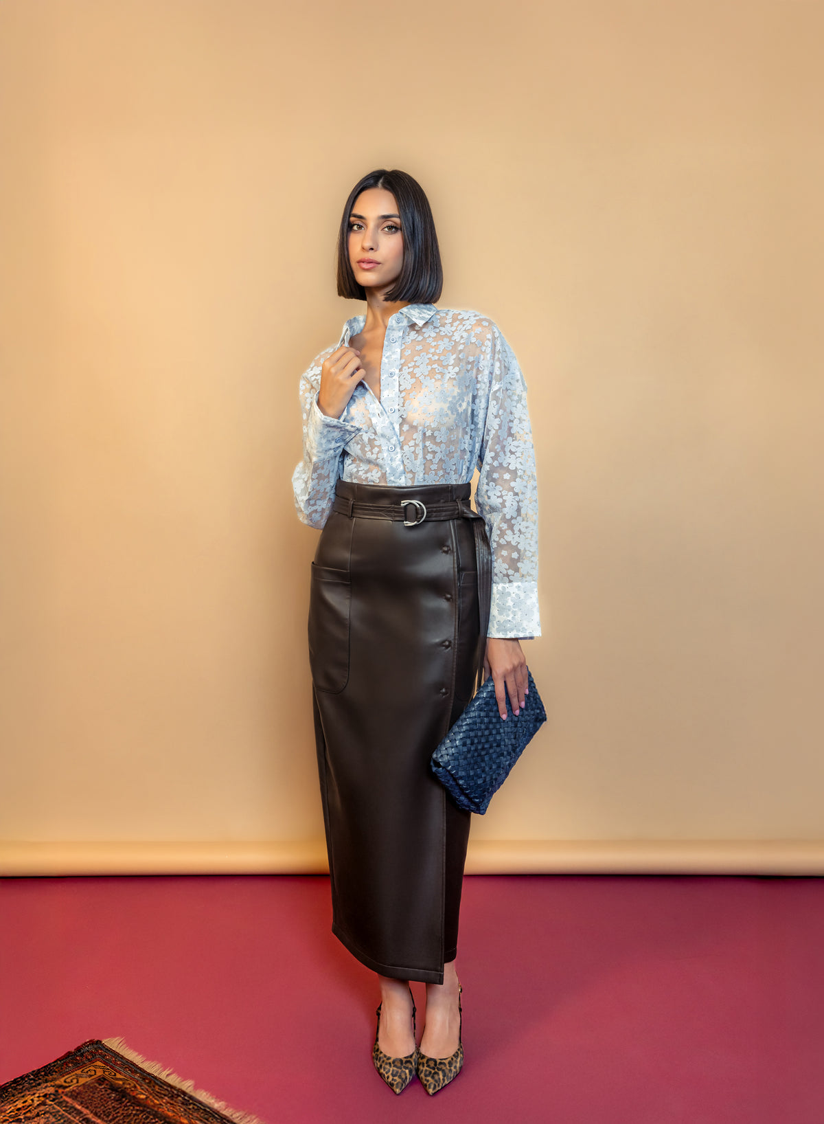 Faux Leather Pencil Skirt with Belt