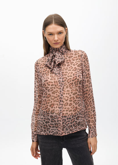 Sheer Animal Print Shirt with Tie Detail