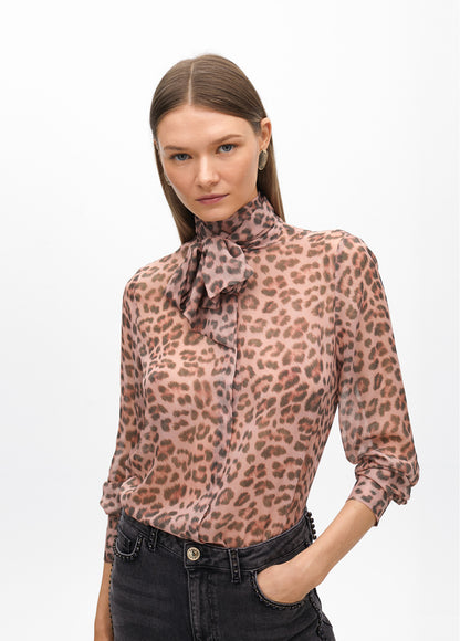 Sheer Animal Print Shirt with Tie Detail