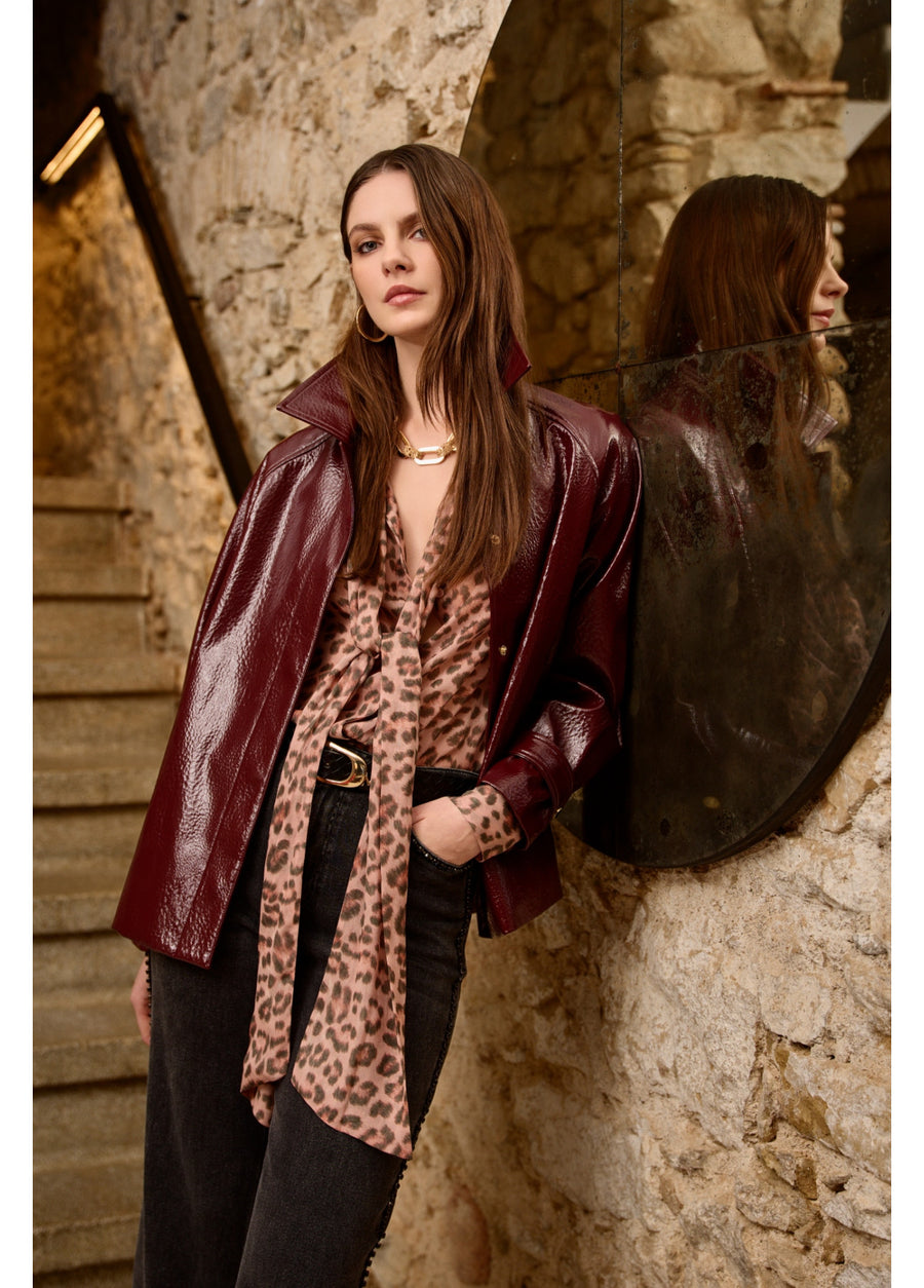 Sheer Animal Print Shirt with Tie Detail